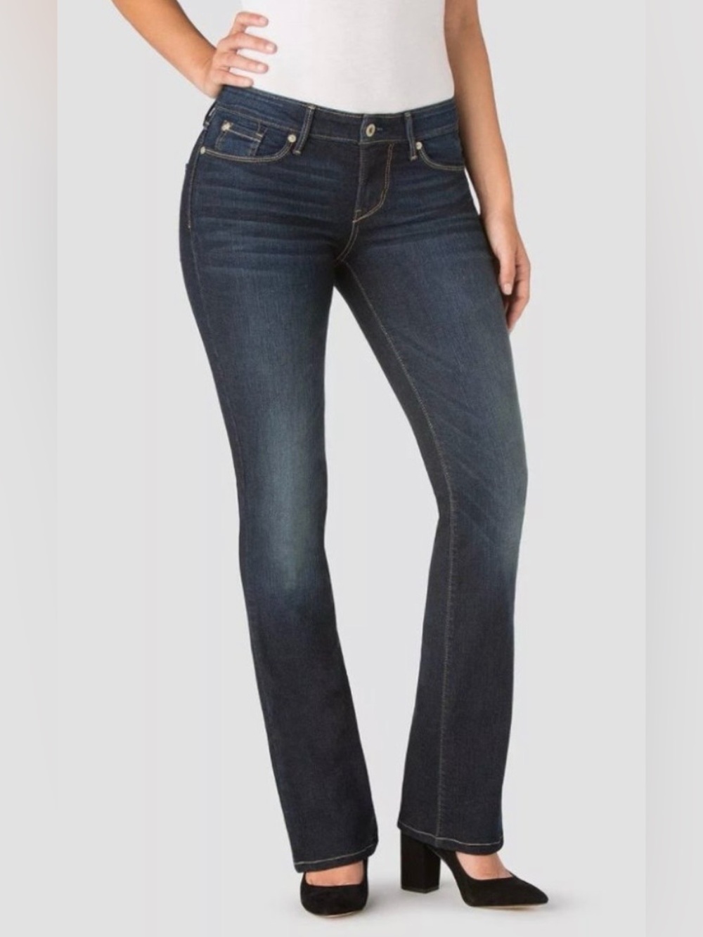 NWOT Levi's Denizen Indigo Wash Boot Cut Jeans w/contrast Yellow stitching. Sz 8